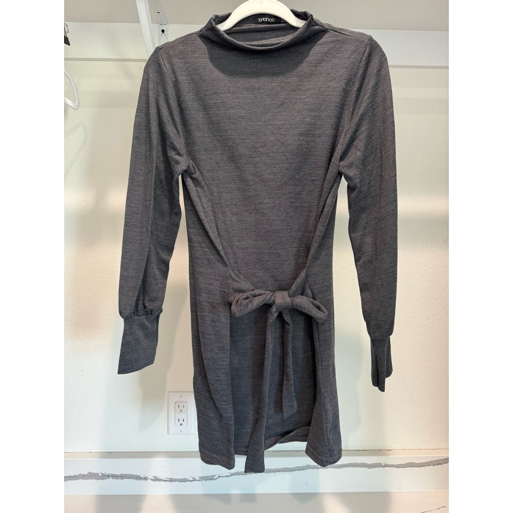 Women's Dress with Belt Charcoal Size 14 Long-Sleeve Boohoo
